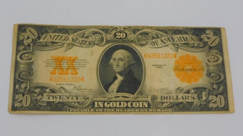 1922 $20 OVERSIZED GOLD CERTIFICATE,