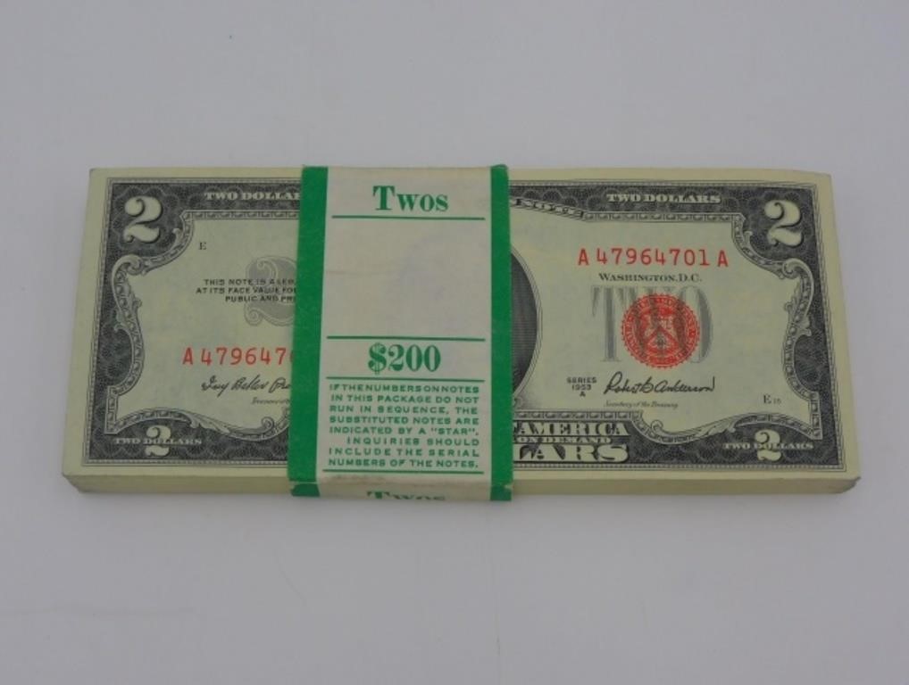 BAND OF (100) 1953 $2 BILLS, UNCIRCULATED,