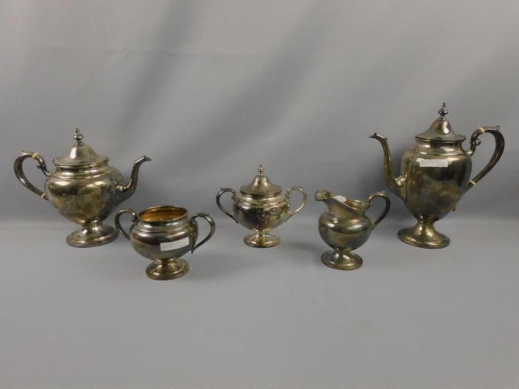 5-PIECE STERLING SILVER TEA SET BY GORHAM,monogrammed.