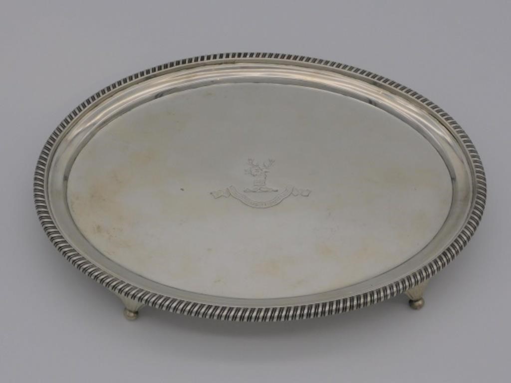 ENGLISH SILVER FOOTED TRAY, WITH ENGRAVED