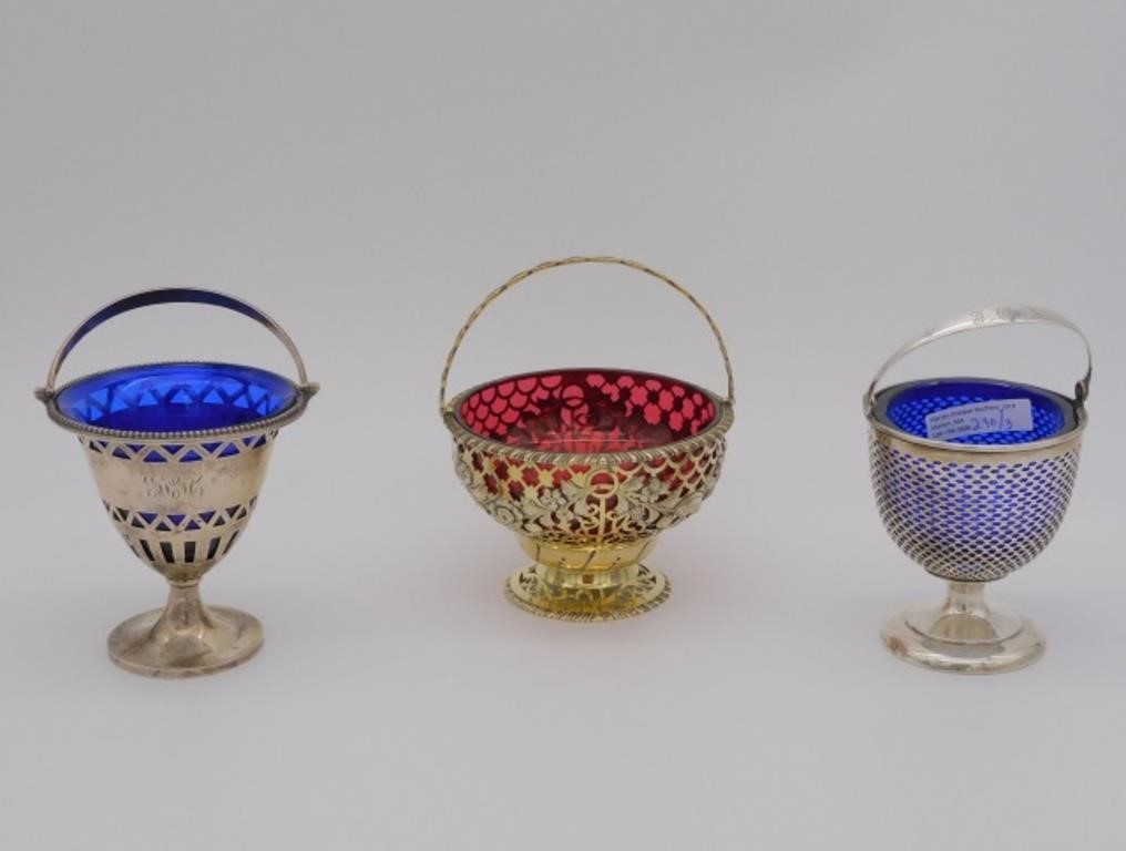 (3) STERLING HANDLED BASKETS WITH COBALT