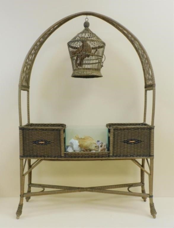 ART DECO WICKER BIRD CAGE PLANTER,