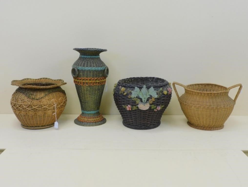 (4) ANTIQUE WICKER CONTAINERS. TO INCLUDE: