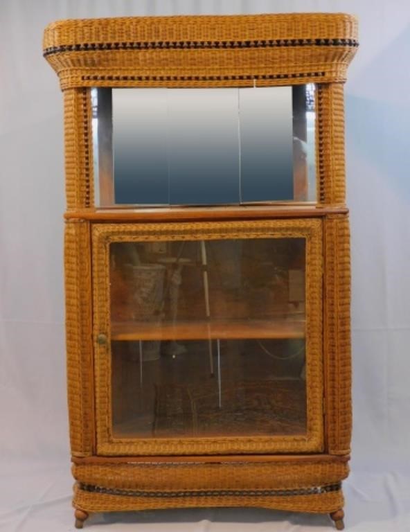 WICKER CHINA CABINET, CA. 1900.