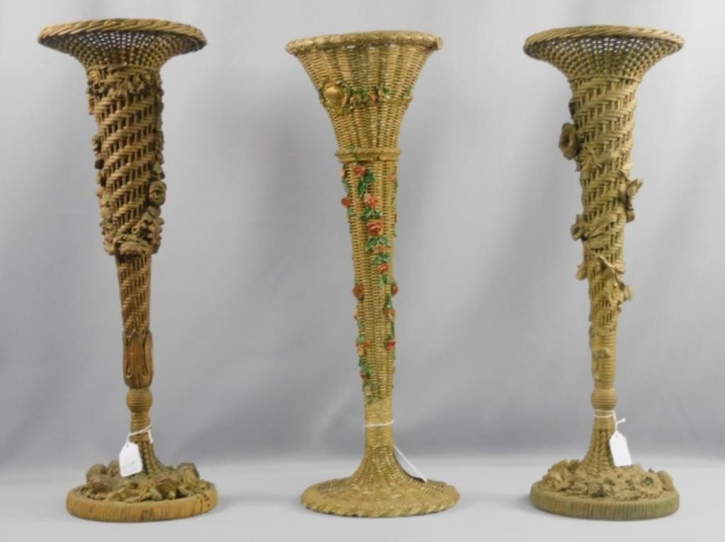 (3) WICKER TRUMPET-FORM VASES WITH APPLIED