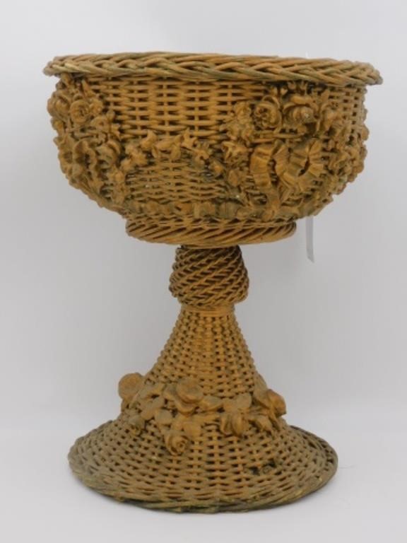 WICKER PEDESTAL URN, CA. 1920.