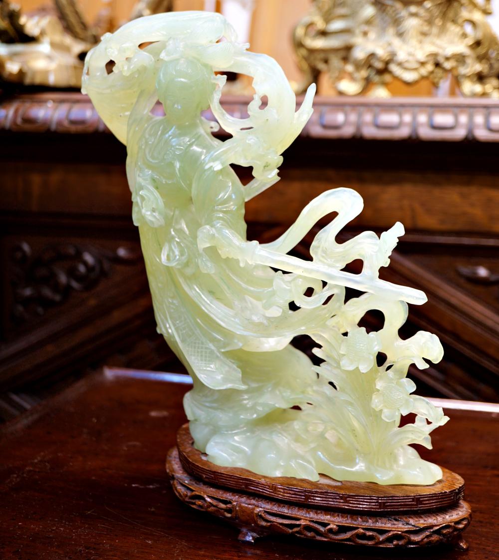 CARVED JADE STATUE ON ROSEWOOD