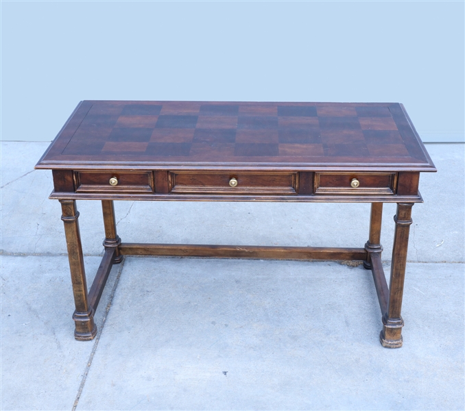 Carved wood three drawer desk, checkerboard
