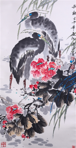 Vintage Chinese scroll black cranes  366918