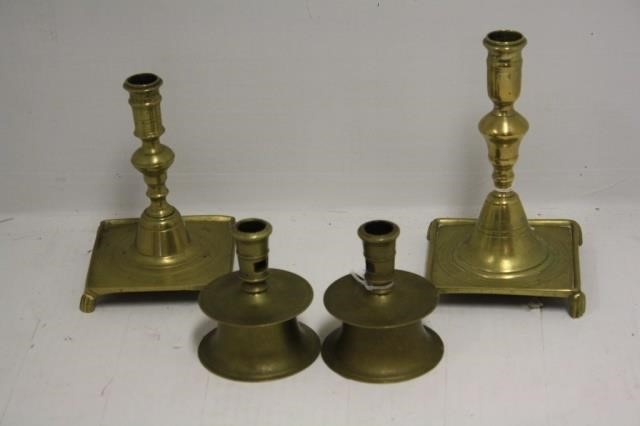 FOUR 18TH C EUROPEAN BRASS CANDLESTICKS 366bce