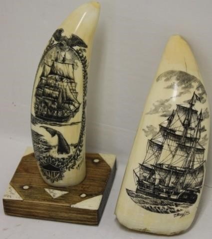 2 SCRIMSHAW WHALE S TEETH LATE 366c16