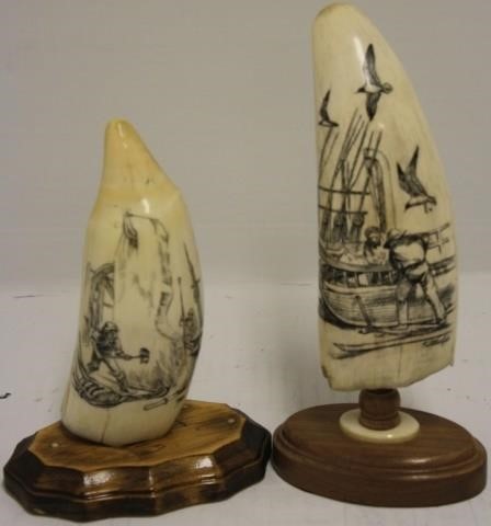 2 SCRIMSHAW WHALE'S TEETH BY NEW