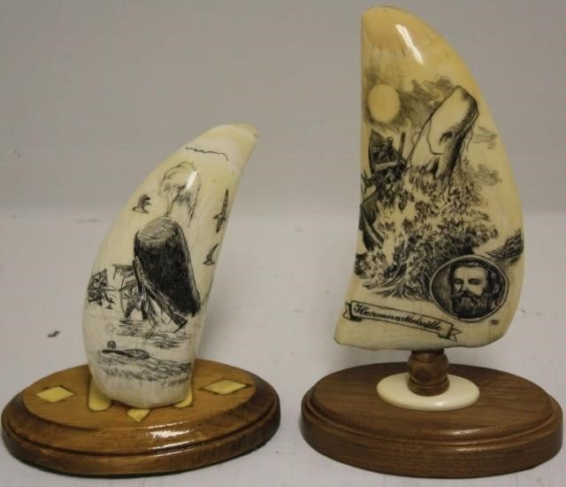 2 SIGNED SCRIMSHAW WHALE'S TEETH