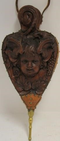 19TH C CARVED WOODEN BELLOWS DEPICTING