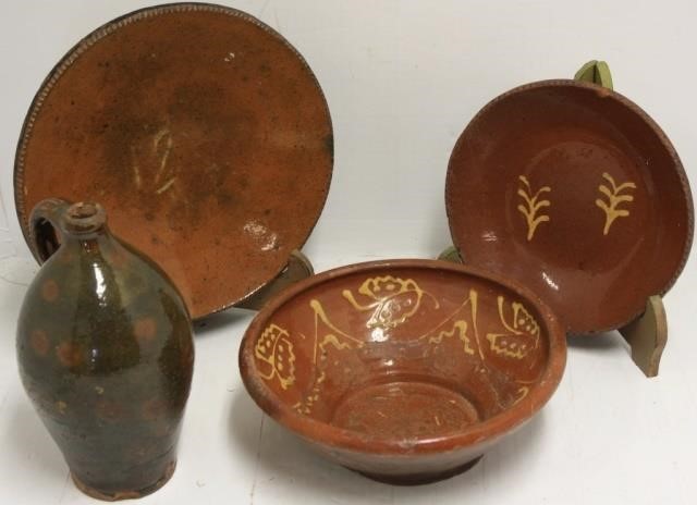 FOUR 19TH C REDWARE PIECES TO INCLUDE