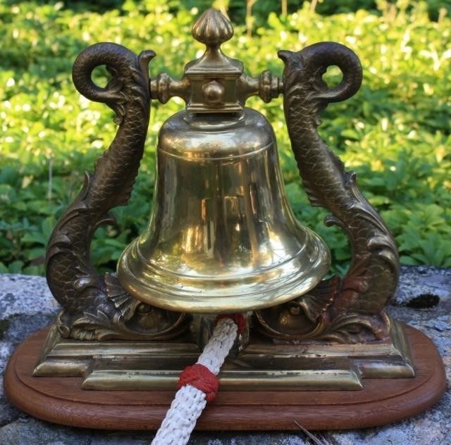 20TH C BRONZE BELL WITH DOLPHIN