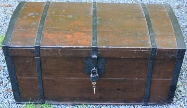 19TH C IRON BOUND DOME TOP TRUNK  366cce