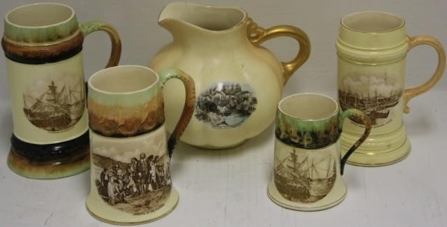 5 HAMPSHIRE POTTERY TRANSFERWARE MUGS