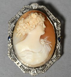 An antique cameo pin set in 14k