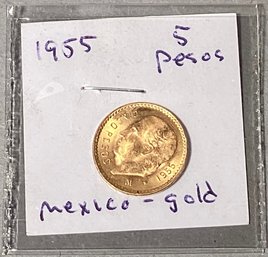 A 1955 Mexican 5 pesos gold coin  366f43