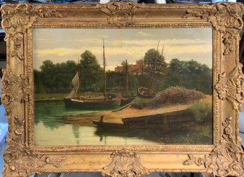 A 19th C oil on canvas of a harbor 366f51