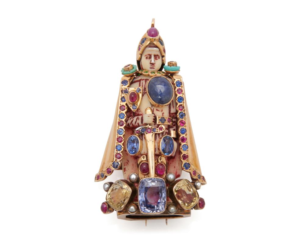 14K GOLD AND GEMSET CHESSMAN BROOCH,