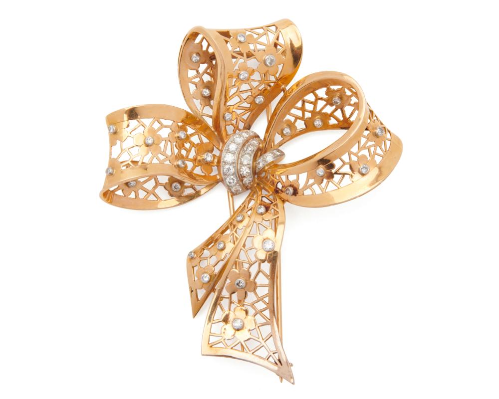 14K GOLD AND DIAMOND BOW BROOCH14K 3675d7