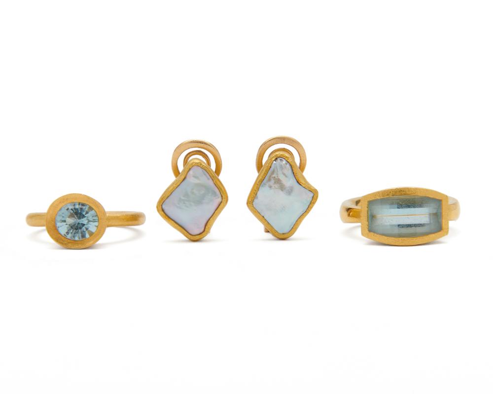 TWO 22K GOLD AND AQUAMARINE RINGS