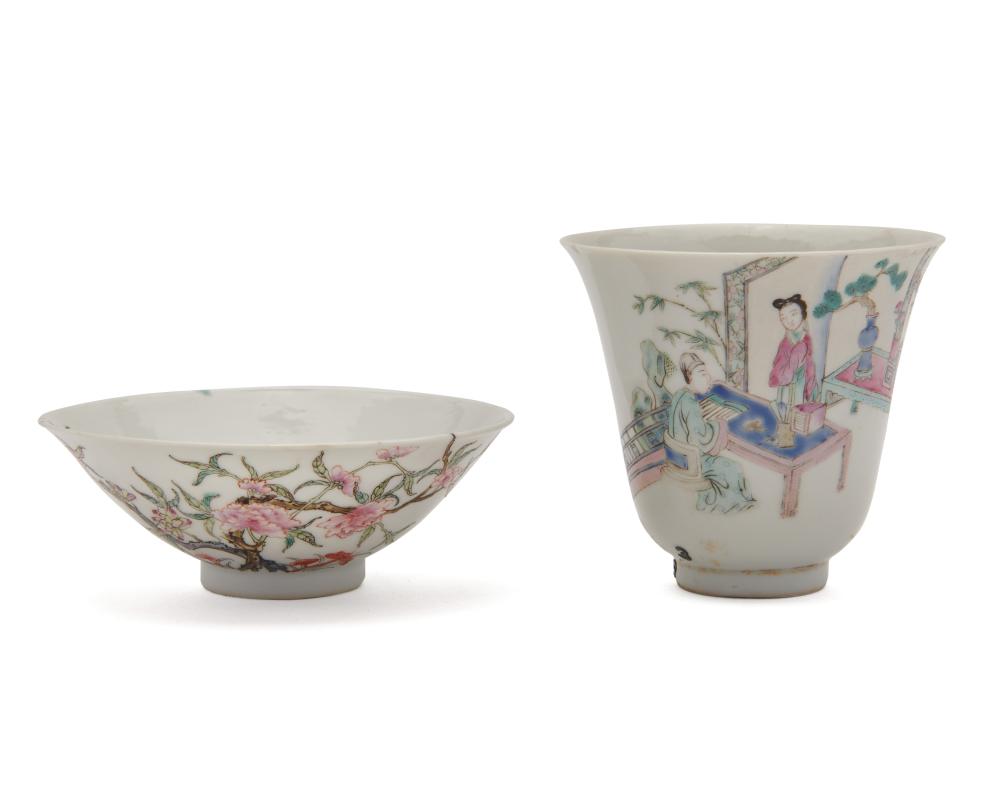 A CHINESE PORCELAIN TEA CUP AND A SHALLOW