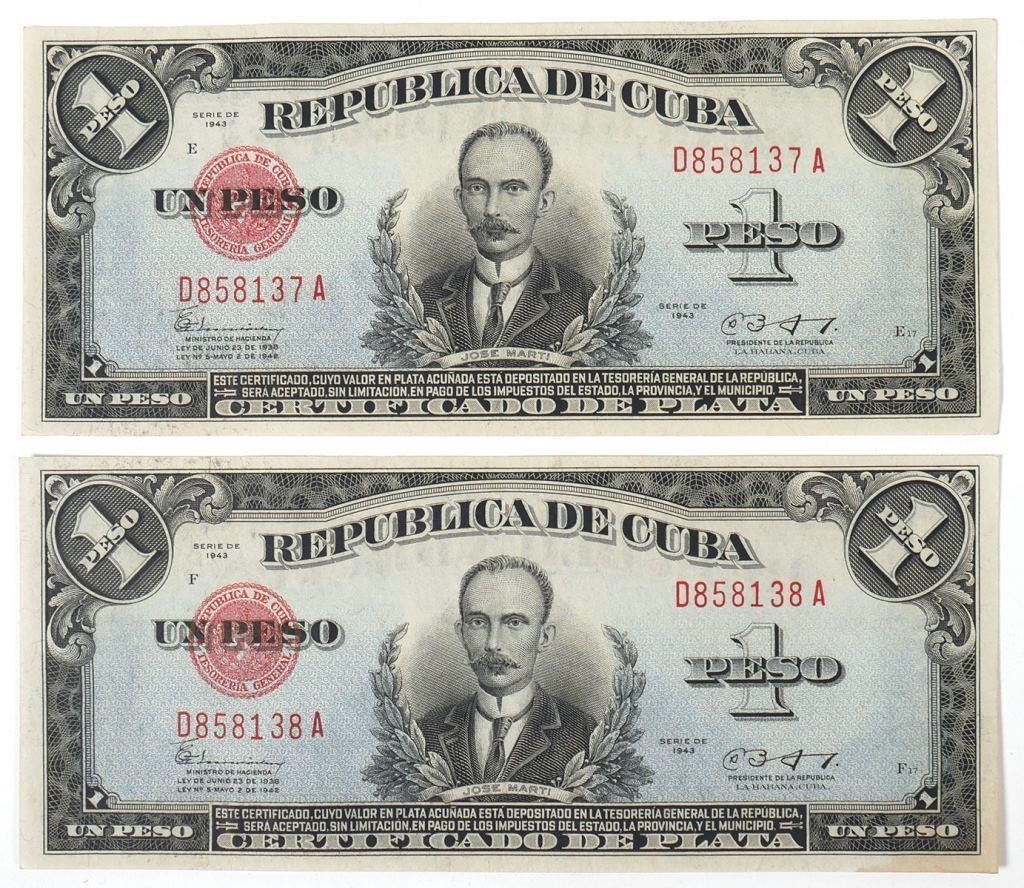 (2) 1943 REPUBLIC OF CUBA PESO