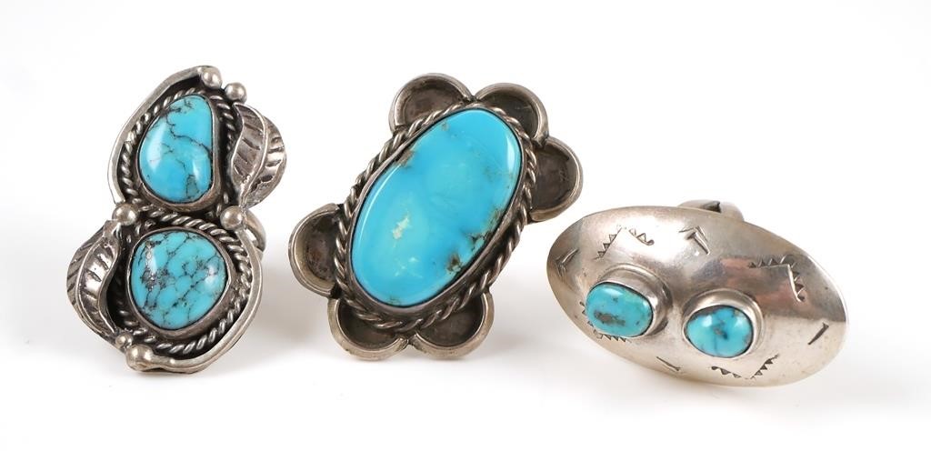 (3) NAVAJO STERLING TURQUOISE RINGSLot