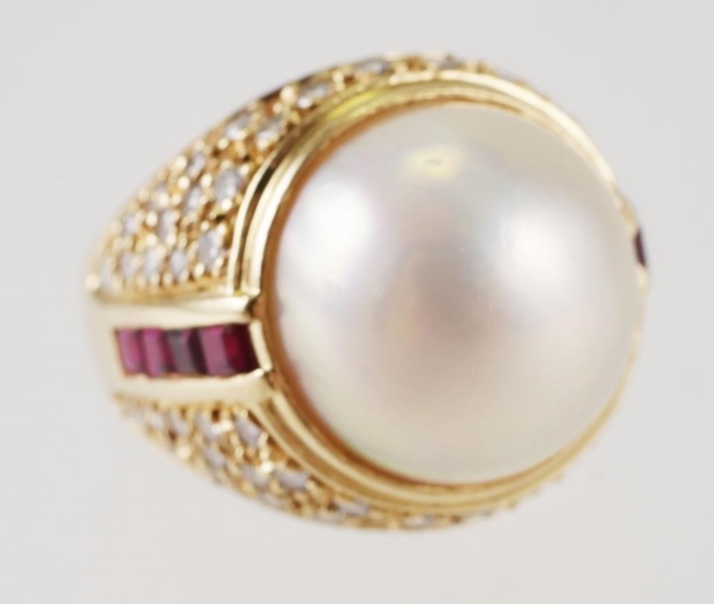 18K GOLD MABE PEARL DIAMOND RUBY 3653fa