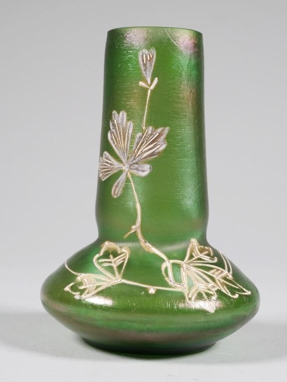 GREEN IRIDESCENT GLASS VASE, ENAMELFrench