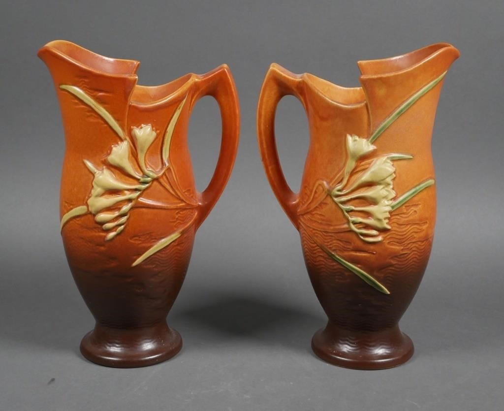  2 ROSEVILLE FREESIA POTTERY PITCHER 36541b