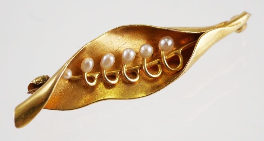 14K LEAF SEED PEARL PIN BROOCHVintage 365450