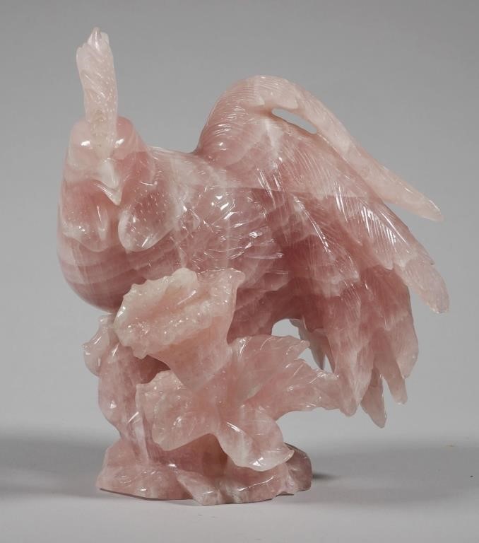 CHINESE PINK QUARTZ ROOSTER STATUEHand 365492