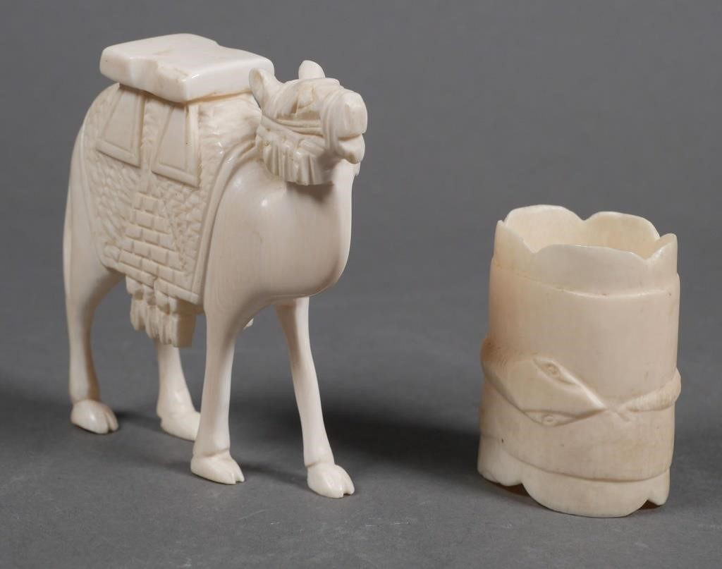 CARVED IVORY CAMEL STATUE & SNAKE