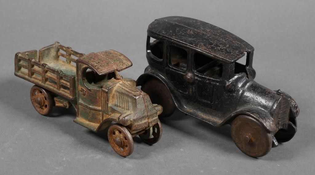 (2) CAST IRON TOY TRUCK & CARGreen