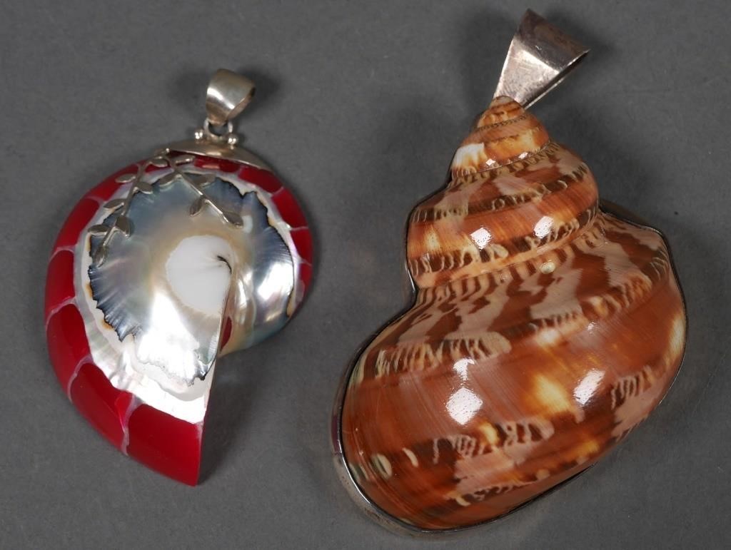 TWO CONTEMPORARY SHELL PENDANTS,