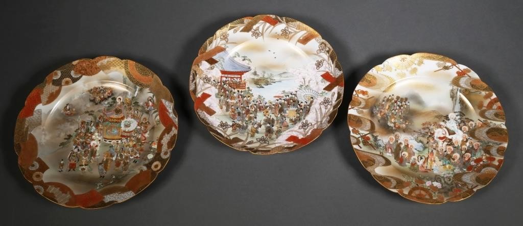 19C MEIJI SATSUMA PLATES 3 Three 3656ee