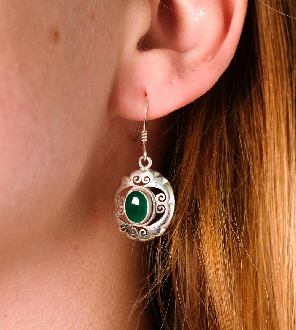 PAIR, STERLING SILVER & GREEN ONYX