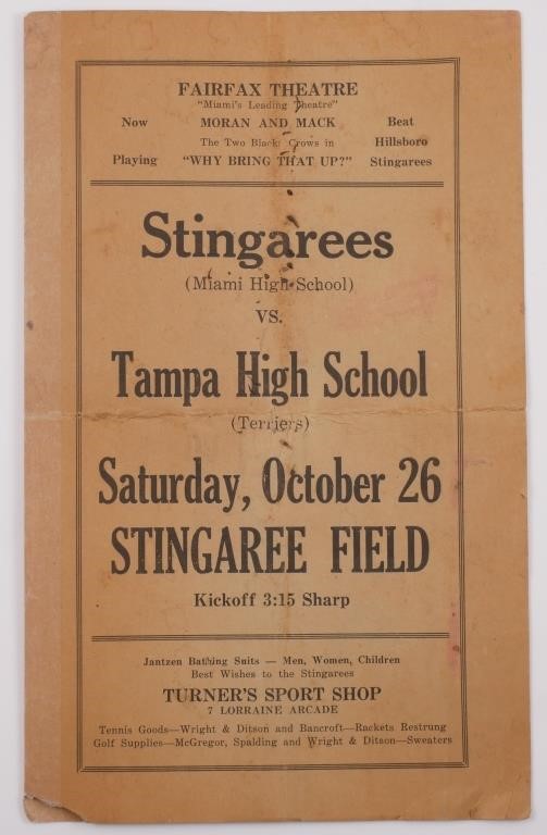 1929 STINGAREES (MIAMI H.S.) FOOTBALL