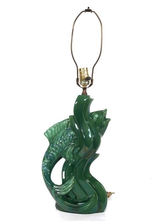 GREEN GLAZE CERAMIC FISH LAMPGreen glaze