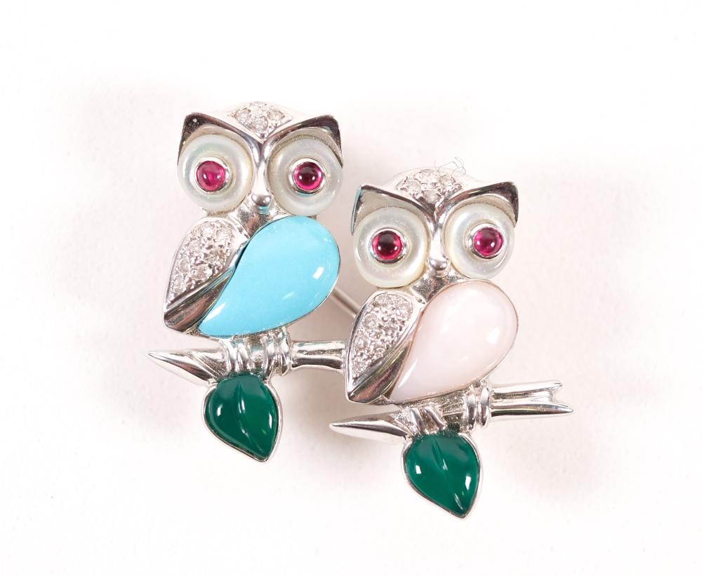 18K WHITE GOLD RUBY EMERALD OWL 3659cc