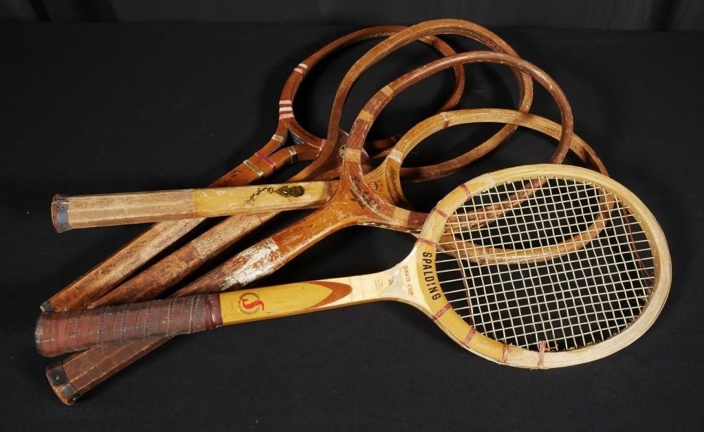 (5) ANTIQUE TENNIS RACQUETS, PORTRAITSFive