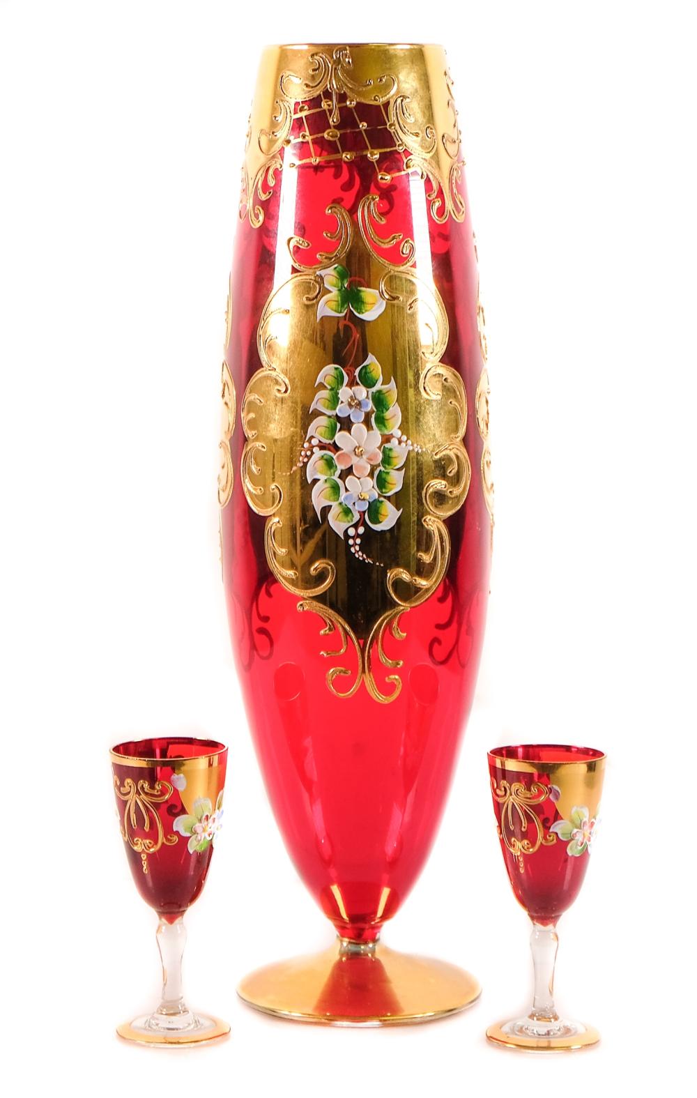 VENETIAN ENAMELED GLASS VASE W/CORDIALSVenetian