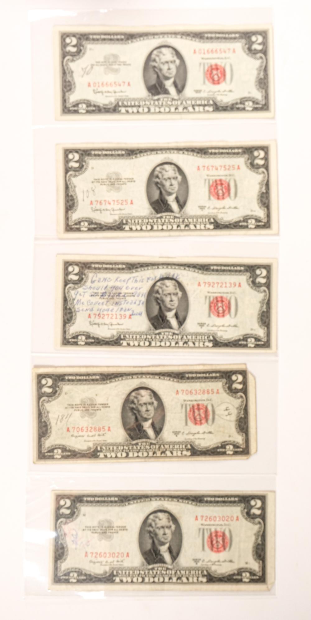 GROUP, 5 RED SEAL $2 DOLLAR BILLSGrouping