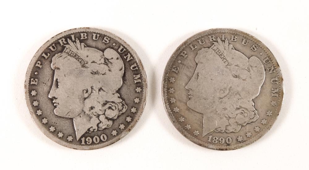 TWO MORGAN SILVER DOLLARS, 1900-S &