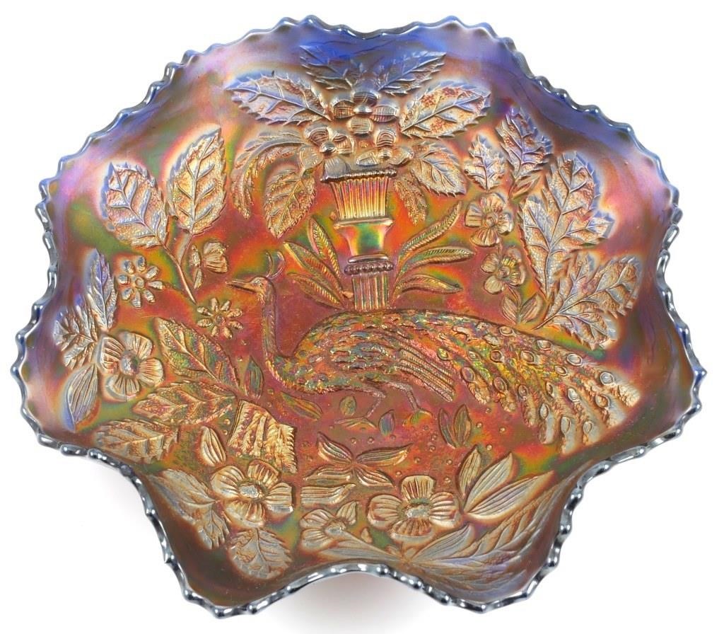 CARNIVAL GLASS PEACOCK 9" BOWLBelieved