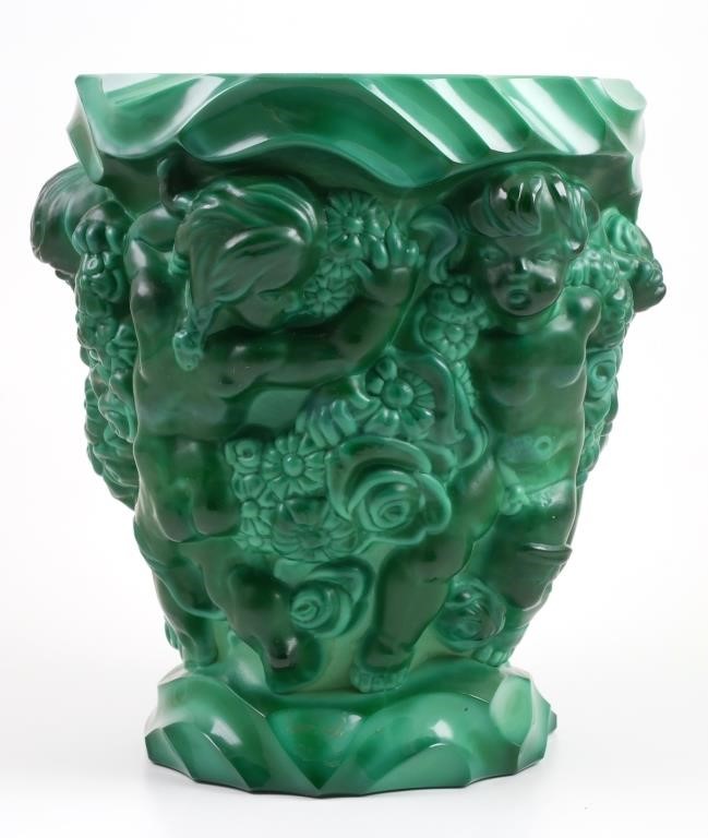 CZECH MALACHITE GLASS VASE WITH CHERUBSFive